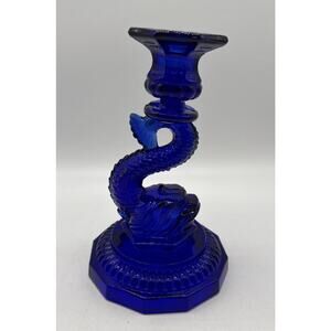 VINTAGE COBALT BLUE GLASS KOI FISH DRAGON TAPER CANDLESTICK CANDLE HOLDER.